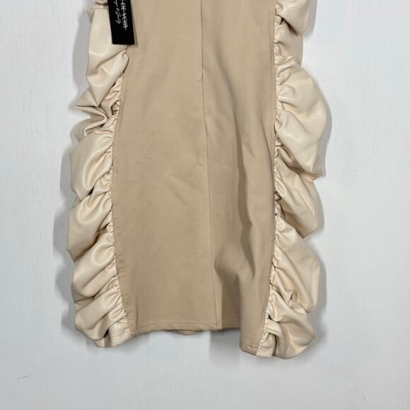 NEW Maniere de Voir Mini Dress Women's Size 8 Tan Faux Leather Ruched Side Party - Picture 7 of 10